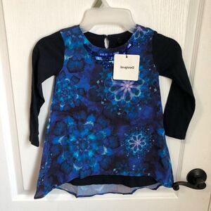 Desigual Girls' Floral Long Sleeve Dress Blue Size 4 Sequin‎ Detail NWT